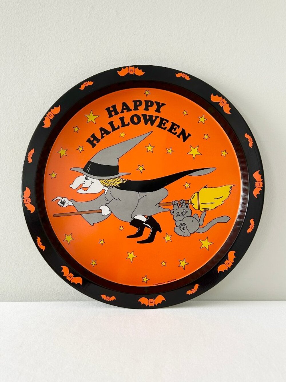 Vintage Halloween Metal Tray Witch Flying Broom Cat Bats 13” Round Woolworths